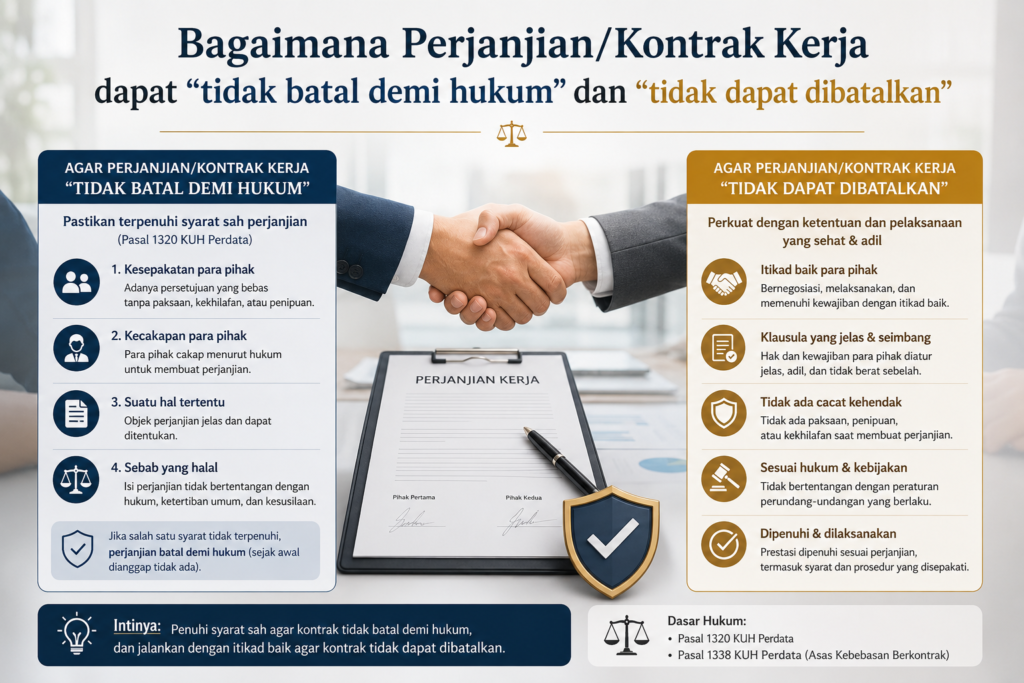 bagaimana perjanjian/kontrak kerja dapat “tidak batal demi hukum” dan “tidak dapat dibatalkan”