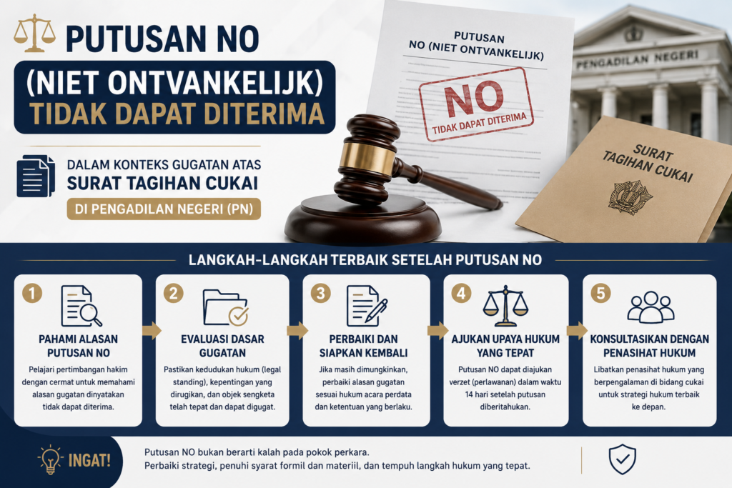 Putusan NO (Niet Ontvankelijk / tidak dapat diterima) dalam konteks gugatan atas Surat Tagihan Cukai di Pengadilan Negeri (PN), serta langkah-langkah terbaik setelah putusan NO